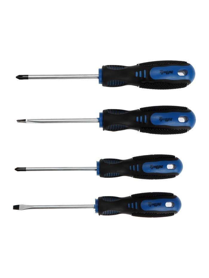 Набор отверток ТУНДРА, CrV, хром, магнит, 2К рукоятки, PH1, PH2, SL5, SL6×100 мм, 4 шт.