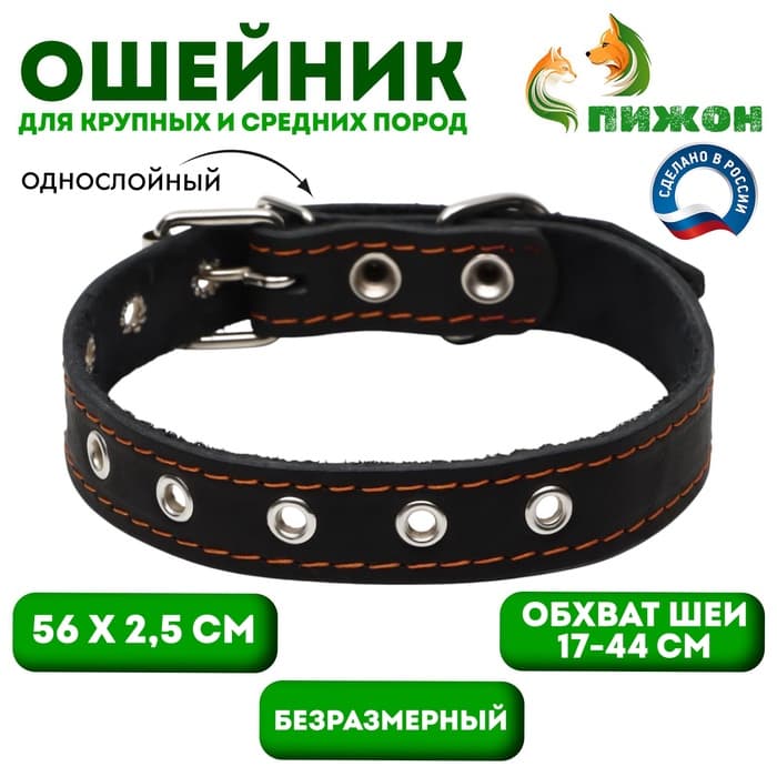 Ошейник однослойный, безразмерный, 56×2.5 см, ОШ 17-44 см, кожа, чёрный