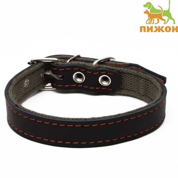 Ошейник комбинированный, 53×2.5 см, ОШ 35-45 см, кожа, брезент, чёрный