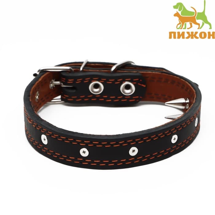 Ошейник «Строгий шип», 56×2.5 см, ОШ 35-45 см, кожа, чёрный