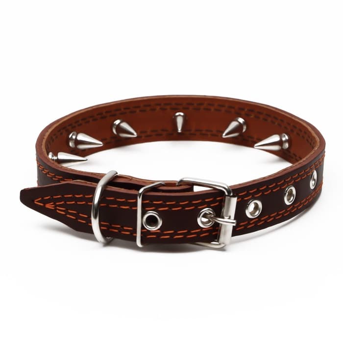 Ошейник «Строгий шип», 56×2.5 см, ОШ 35-45 см, кожа, коричневый