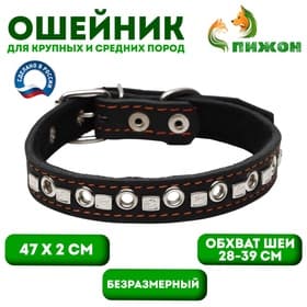 Ошейник украшенный, безразмерный, 47×2 см, ОШ 28-39 см, на синтепоне, кожа, чёрный