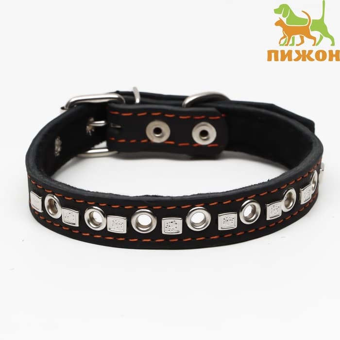 Ошейник украшенный, безразмерный, 47×2 см, ОШ 28-39 см, на синтепоне, кожа, чёрный