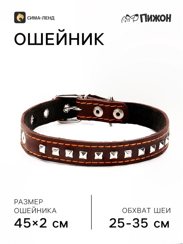 Ошейник украшенный, 45×2 см, ОШ 25-35 см, на синтепоне, кожа, коричневый