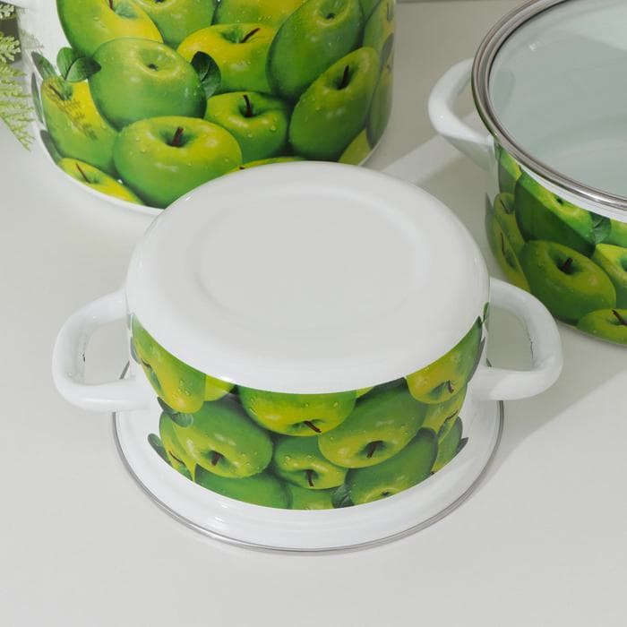 Набор эмалированных кастрюль «Поздние яблоки», 3 шт.: 1.5 л, 2.3 л, 5 л, индукция, белый