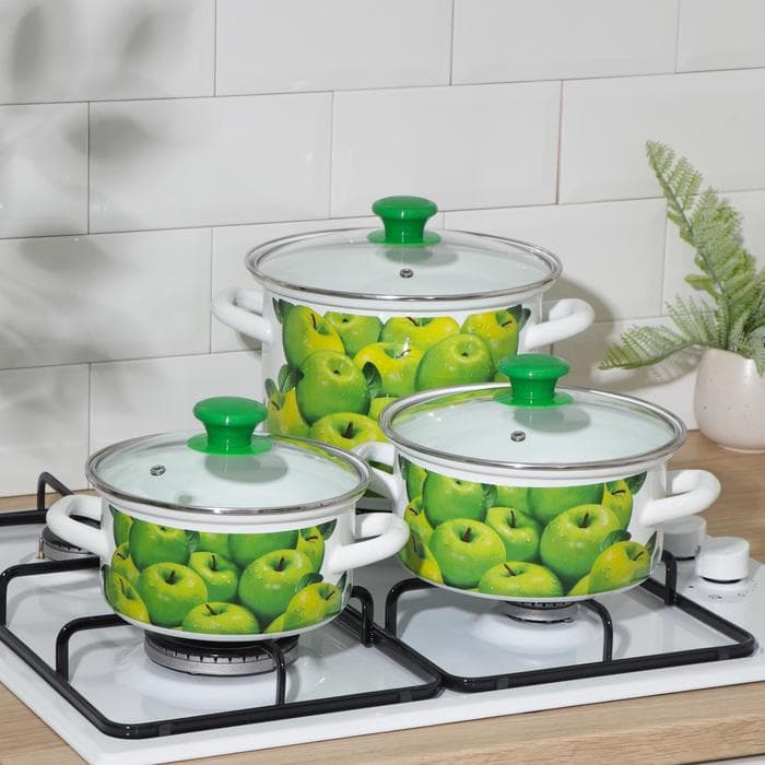 Набор эмалированных кастрюль «Поздние яблоки», 3 шт.: 1.5 л, 2.3 л, 5 л, индукция, белый