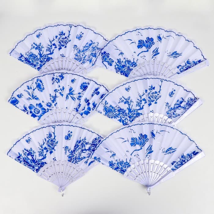 Веер складной «Синий рисунок на белом», 23 см, МИКС