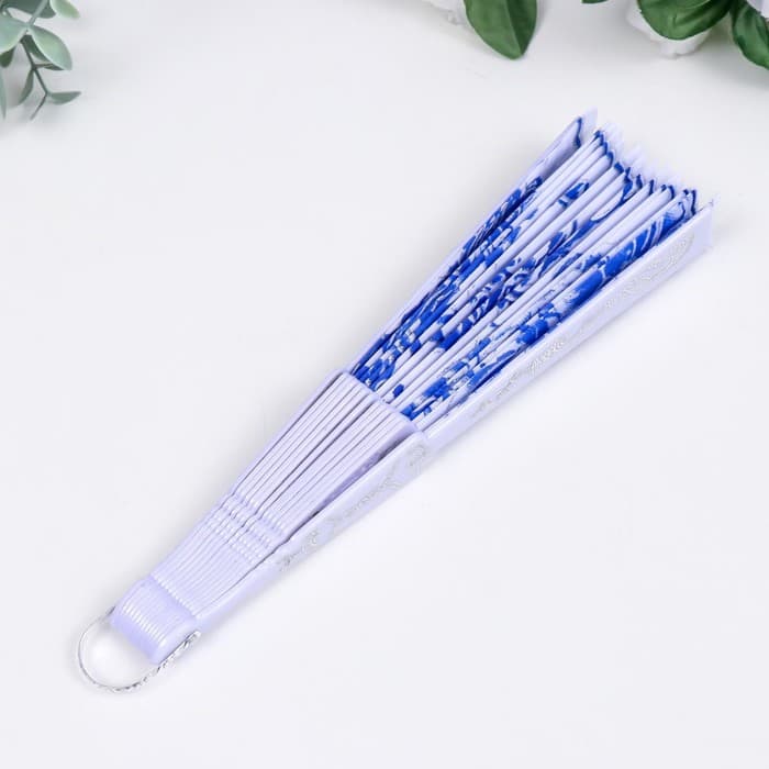 Веер складной «Синий рисунок на белом», 23 см, МИКС