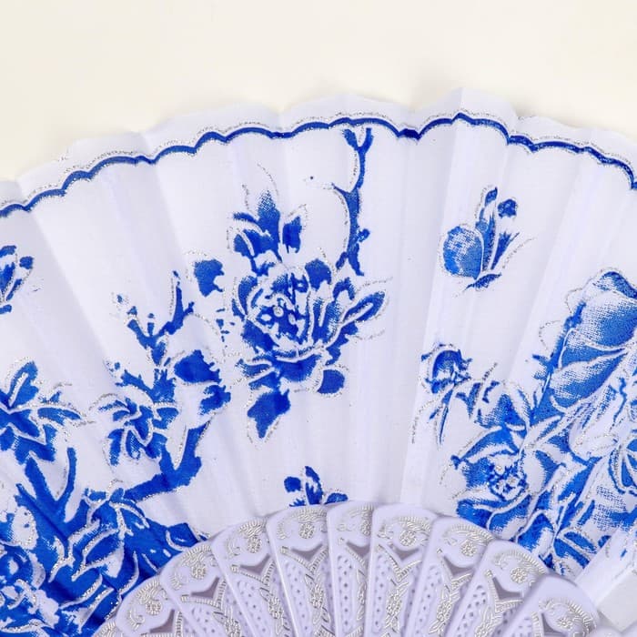 Веер складной «Синий рисунок на белом», 23 см, МИКС