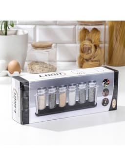 Набор для специй на подставке «Хай-тек», 90 мл, 33×6.7×10.5 см, 4×9.5 см, 6 шт., стекло
