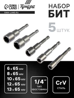 Набор бит с торцевыми головками ТУНДРА, CrV, магнит, 6-8-10-12-13×65 мм, 5 шт.