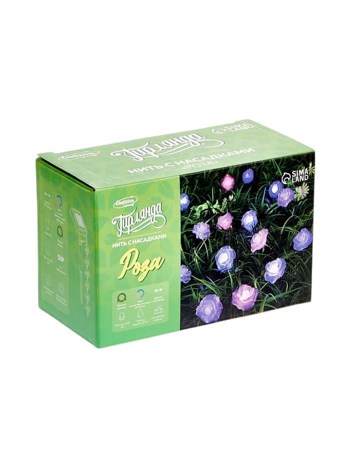 Гирлянда «Нить», 4.5 м, уличная, с насадками «Цветок», IP44, 30 LED, 2 режима, солнечная батарея, тёмная нить, свечение синее/фиолетовое/розовое