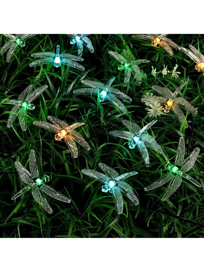 Гирлянда «Нить», 4.5 м, уличная, с насадками «Стрекоза», IP44, 30 LED, 2 режима, солнечная батарея, тёмная нить, свечение зелёное/аквамарин/жёлтое