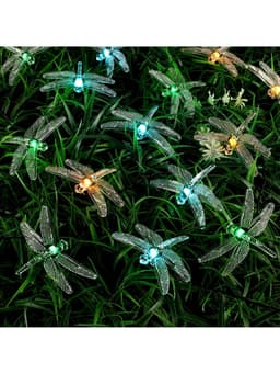 Гирлянда «Нить», 4.5 м, уличная, с насадками «Стрекоза», IP44, 30 LED, 2 режима, солнечная батарея, тёмная нить, свечение зелёное/аквамарин/жёлтое