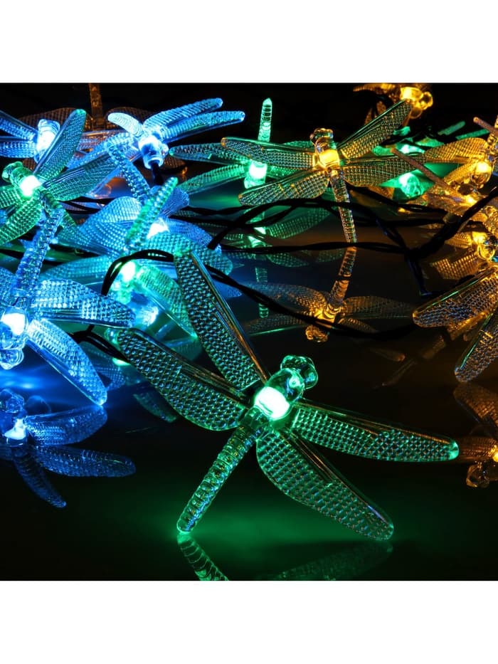 Гирлянда «Нить», 4.5 м, уличная, с насадками «Стрекоза», IP44, 30 LED, 2 режима, солнечная батарея, тёмная нить, свечение зелёное/аквамарин/жёлтое