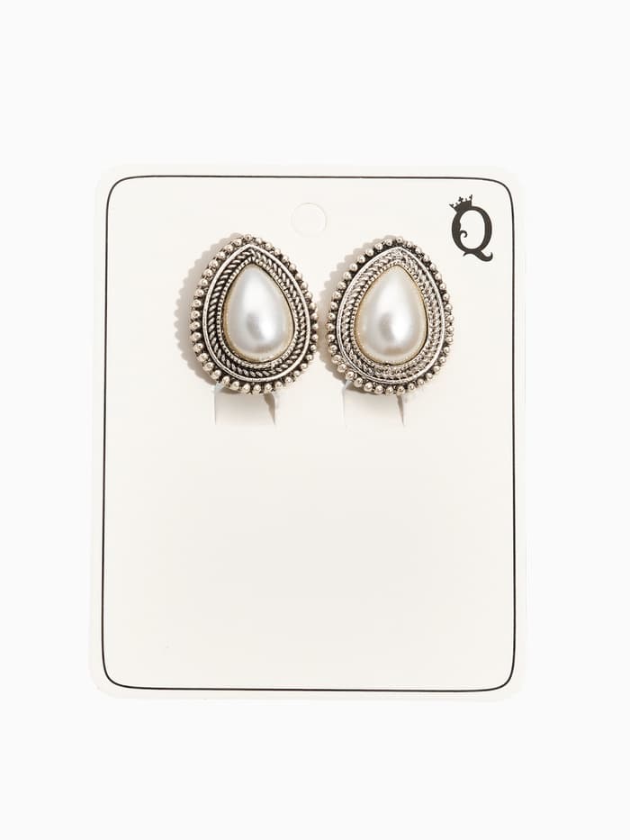 Клипсы «Грейс», капля в огранке, белая в чернёном серебре