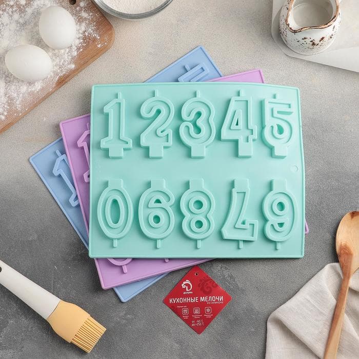 Форма для шоколада Доляна «Цифры», силикон, 26×21 см, 10 ячеек (7×4 см), МИКС