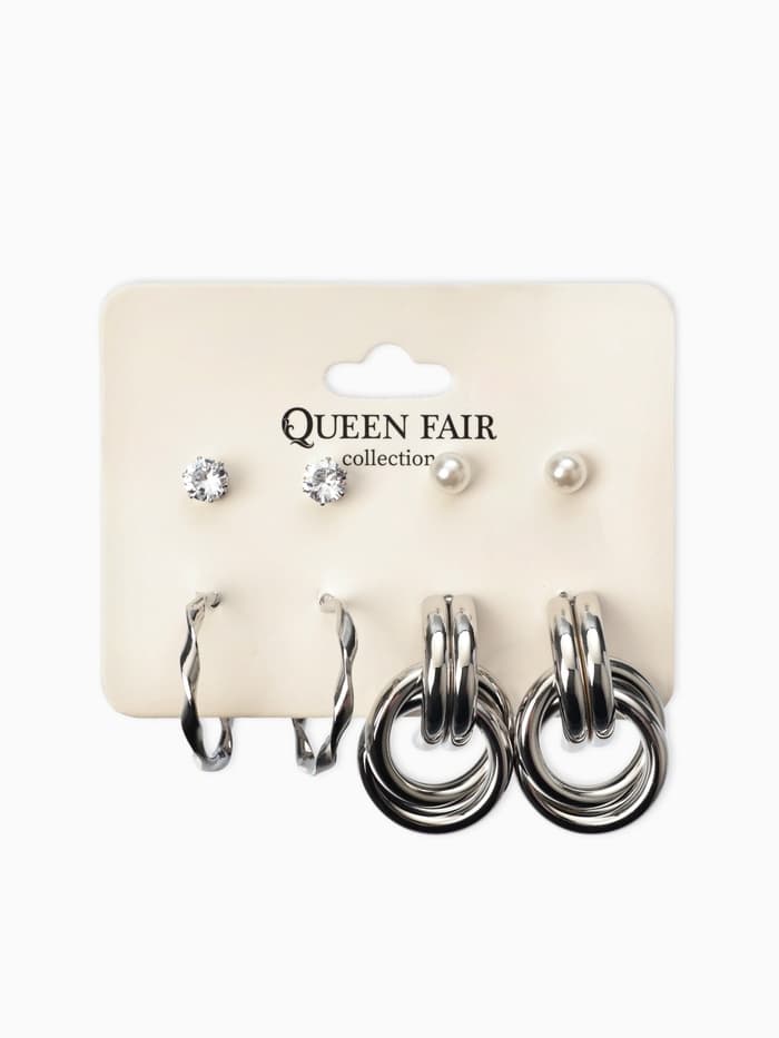 Серьги QF «Кольца и плетение», набор 4 пары, цвет серебро