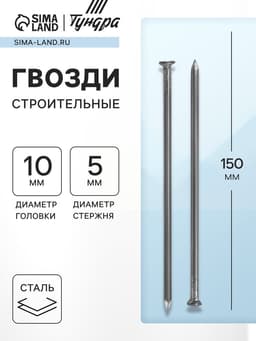 Гвозди ТУНДРА, строительные, ГОСТ 4028-63, без покрытия, 5×150 мм, фасовка 0.2 кг
