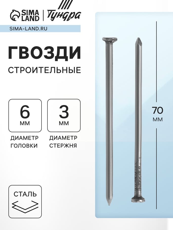 Гвозди ТУНДРА, строительные, ГОСТ 4028-63, без покрытия, 3×70 мм, фасовка 0.2 кг