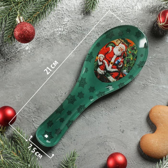 Подставка под ложку Доляна «Счастливый Санта», 21×7.5 см, стекло, зелёная