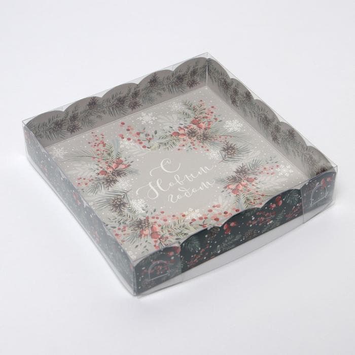 Коробка для кондитерских изделий новогодняя с пластиковой крышкой «С Новым годом», 15×15×3 см