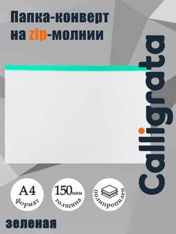 Папка-конверт на ZIP-молнии А4, 150 мкм, прозрачная с зелёной молнией