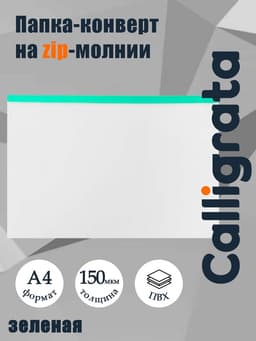 Папка-конверт на ZIP-молнии А4, 150 мкм, прозрачная с зелёной молнией