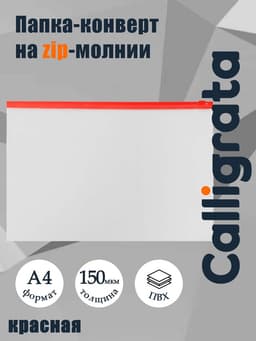 Папка-конверт на ZIP-молнии А4, 150 мкм, прозрачная с красной молнией