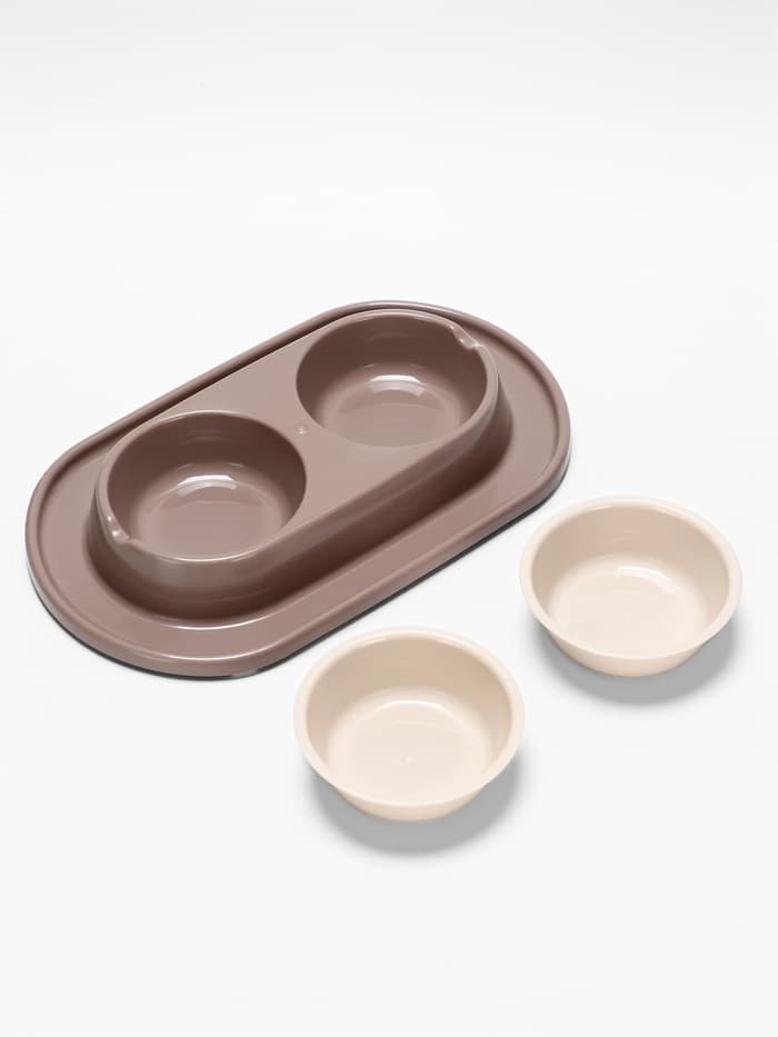 Миска двойная для животных «Мур-мяу», 300 мл, на подставке, пластик, бежевая