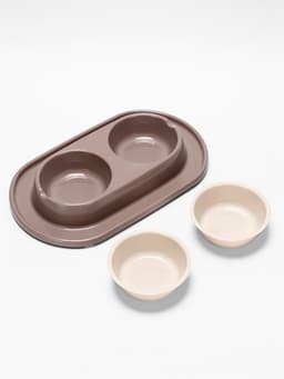 Миска двойная для животных «Мур-мяу», 300 мл, на подставке, пластик, бежевая