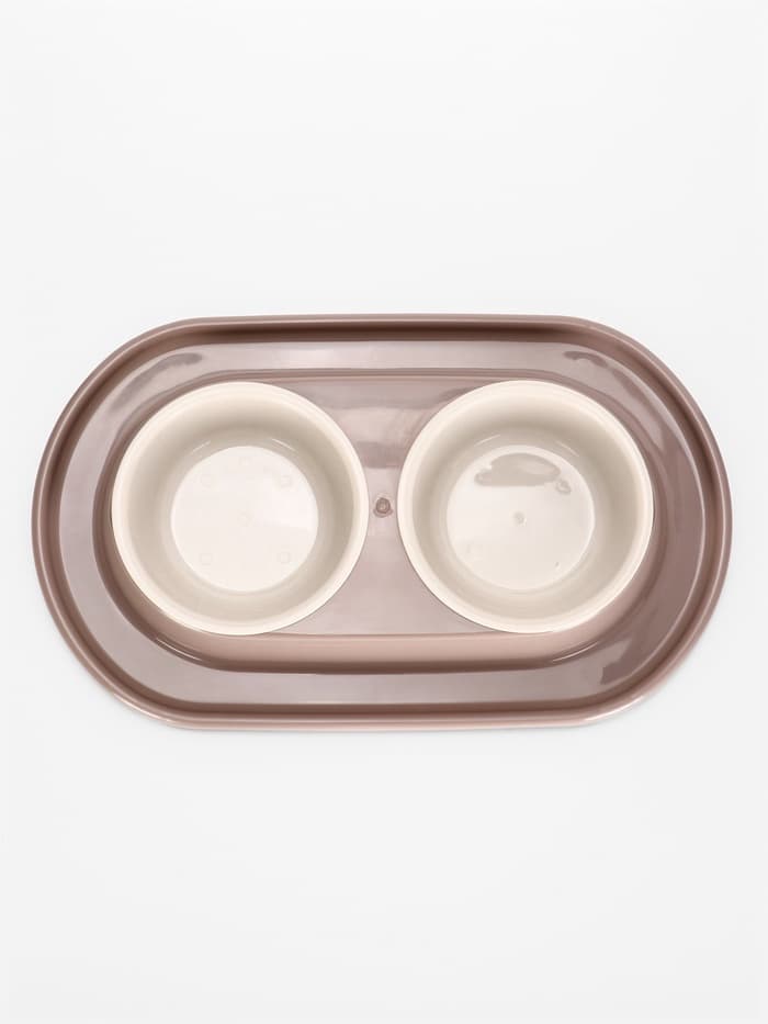 Миска двойная для животных «Мур-мяу», 300 мл, на подставке, пластик, бежевая