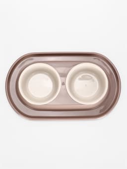 Миска двойная для животных «Мур-мяу», 300 мл, на подставке, пластик, бежевая