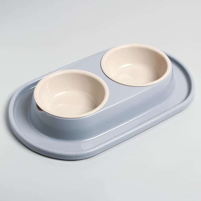 Миска двойная для животных «Мур-мяу», 300 мл, на подставке, пластик, серая