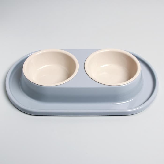 Миска двойная для животных «Мур-мяу», 300 мл, на подставке, пластик, серая