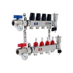 Коллекторная группа TIM KAS5004, 1" × 3/4", 4 выхода, с расходомерами, нержавеющая сталь