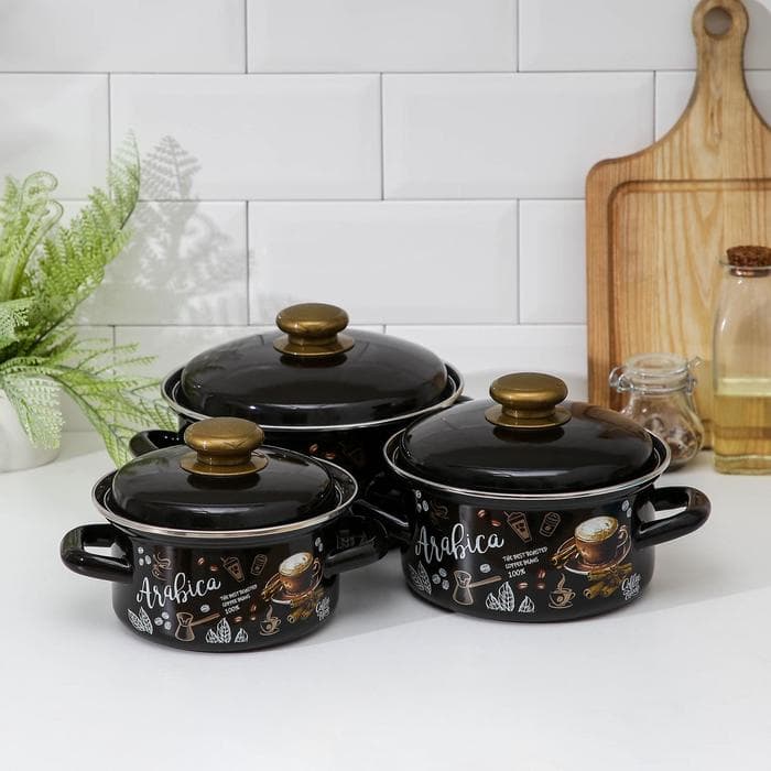 Набор кастрюль эмалированных «Арабика-1», 3 шт.: 1 л, 1.5 л, 2.3 л, индукция, чёрный