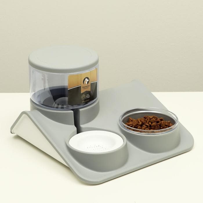 Комплекс для кормления, с автопоилкой и съёмной миской, белый, серый