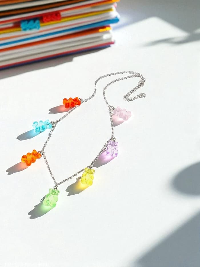 Колье «Мармеладный мишка», компания, цветное в серебре, 50 см