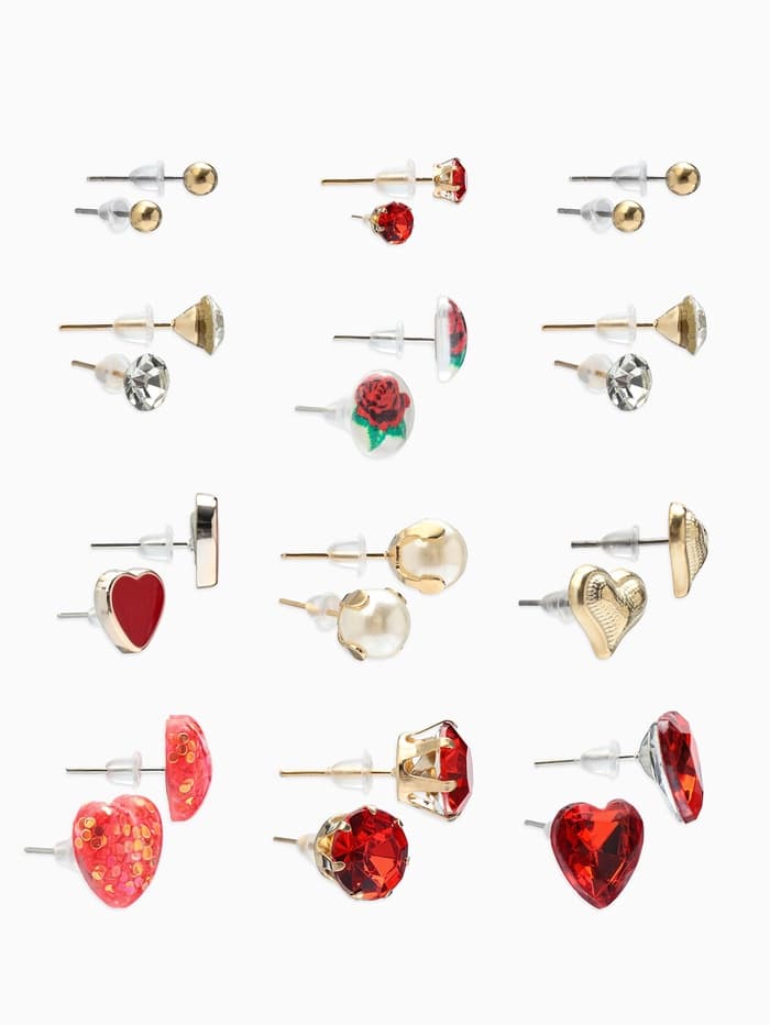 Серьги пусеты QF «Романтика», 12 пар, сердечки, цветные в золоте