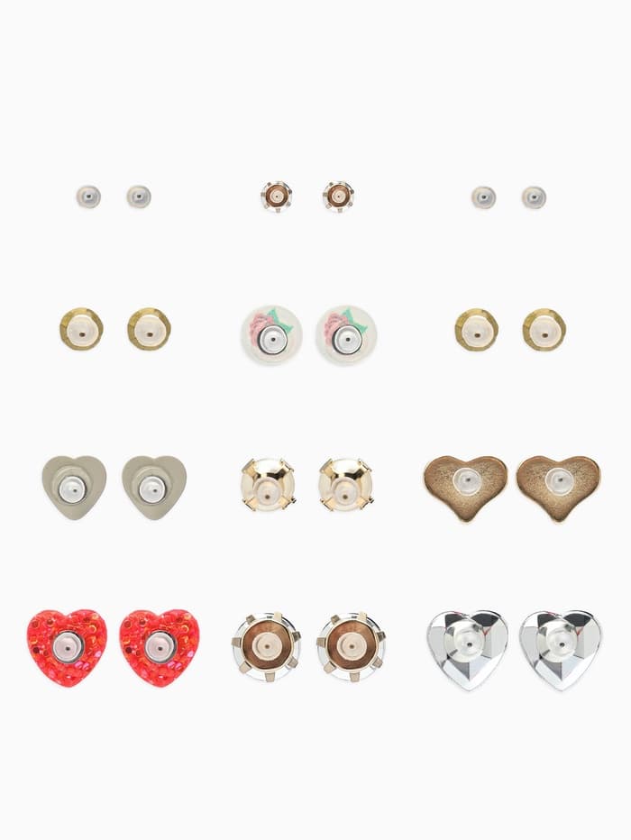 Серьги пусеты QF «Романтика», 12 пар, сердечки, цветные в золоте
