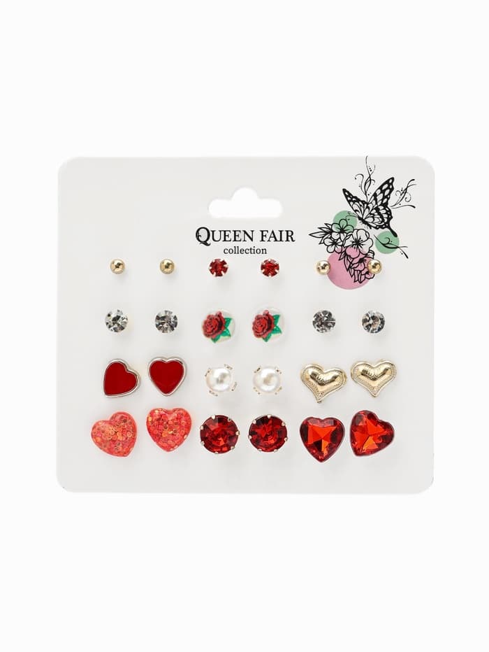 Серьги пусеты QF «Романтика», 12 пар, сердечки, цветные в золоте
