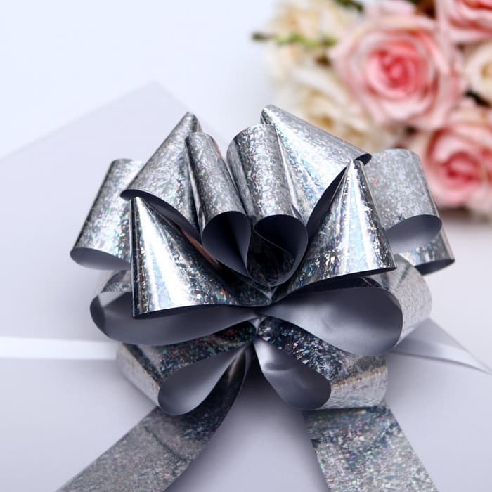 Подарочный бант - шар №5 голография, цвет серебряный, для упаковки подарков