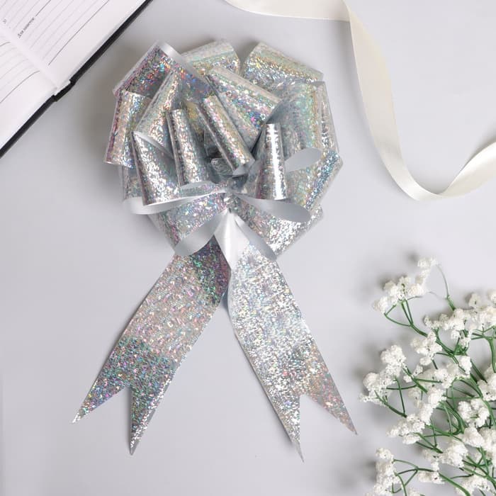 Подарочный бант - шар №5 голография, цвет серебряный, для упаковки подарков