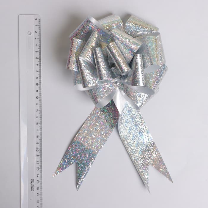 Подарочный бант - шар №5 голография, цвет серебряный, для упаковки подарков