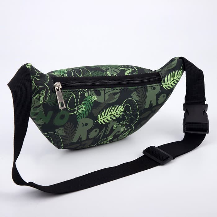 Сумка детская поясная «Динозавры», на молнии, наружный карман, зелёная