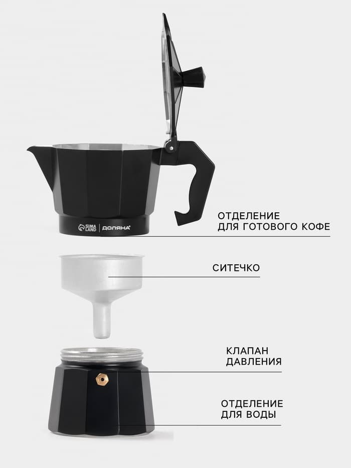 Кофеварка гейзерная Доляна Alum black, на 3 чашки, 150 мл, алюминий, чёрная