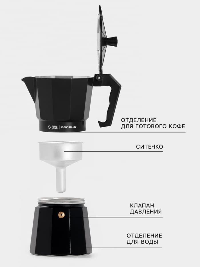 Кофеварка гейзерная Доляна Alum black, на 6 чашек, 300 мл, алюминий, чёрная