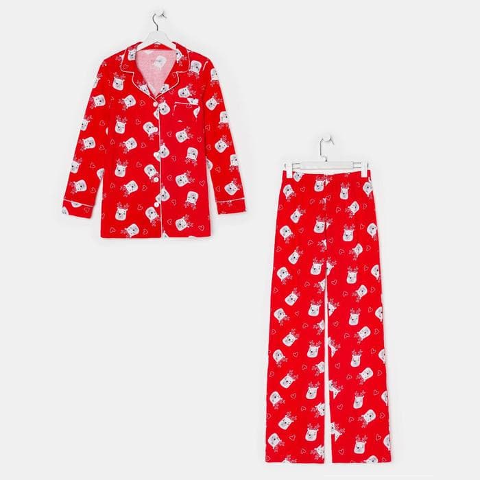 Пижама новогодняя женская (рубашка, брюки) KAFTAN Мишки, красная, размер 48-50