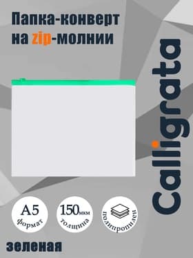 Папка-конверт на ZIP-молнии A5 Calligrata, 150 мкм, прозрачная с зелёной молнией